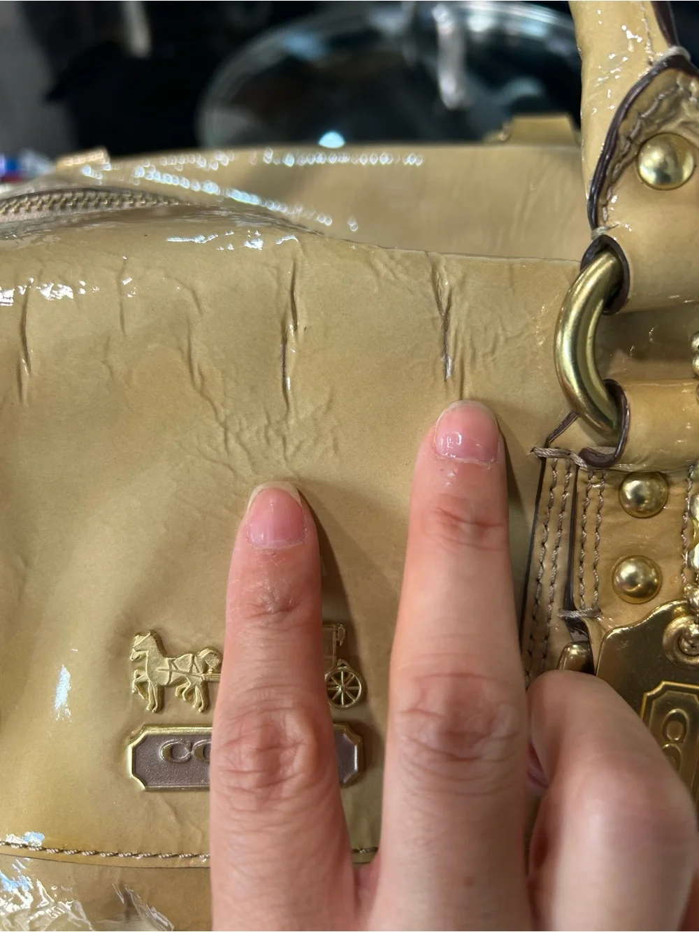 Coach Patent Leather Satchel in Beige-Tan with Gold Hardware